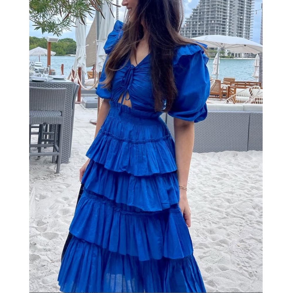 Sea New York Aqua Royal Blue Paco Solid Puff Sleeve Tiered Dress Sz L